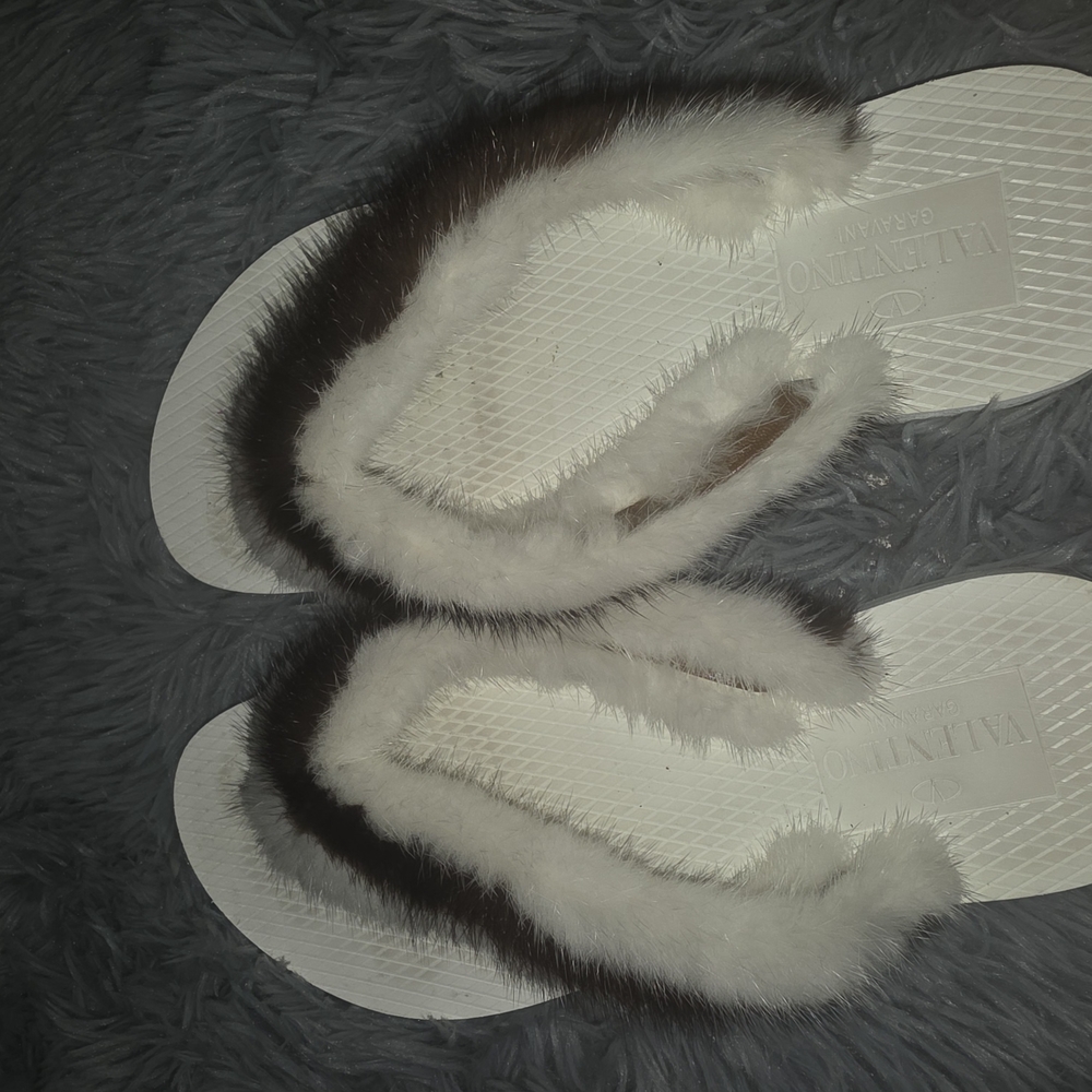 Valentino Women's White and Brown Fur Slides